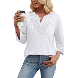 3/4 Length Sleeve Womens Tops Boho V Neck Lace Shirt